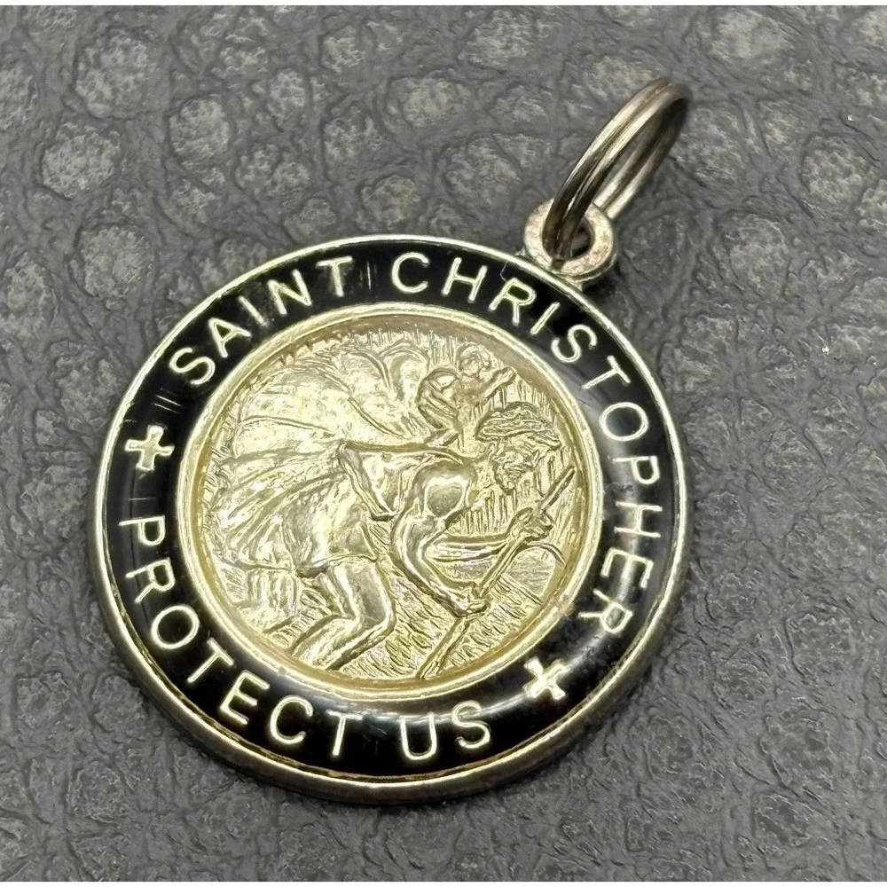 Saint Christopher Protect Us Two-Tone Enamel Medal Pendant Silver Plate